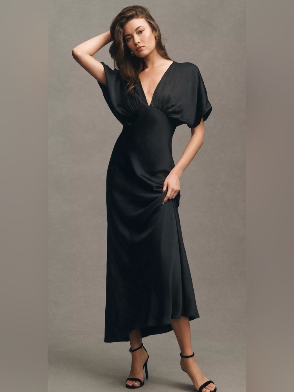 BHLDN Amelia Deep-V Flutter sleeve Satin A-line Gown Black 14 Formal Wedding